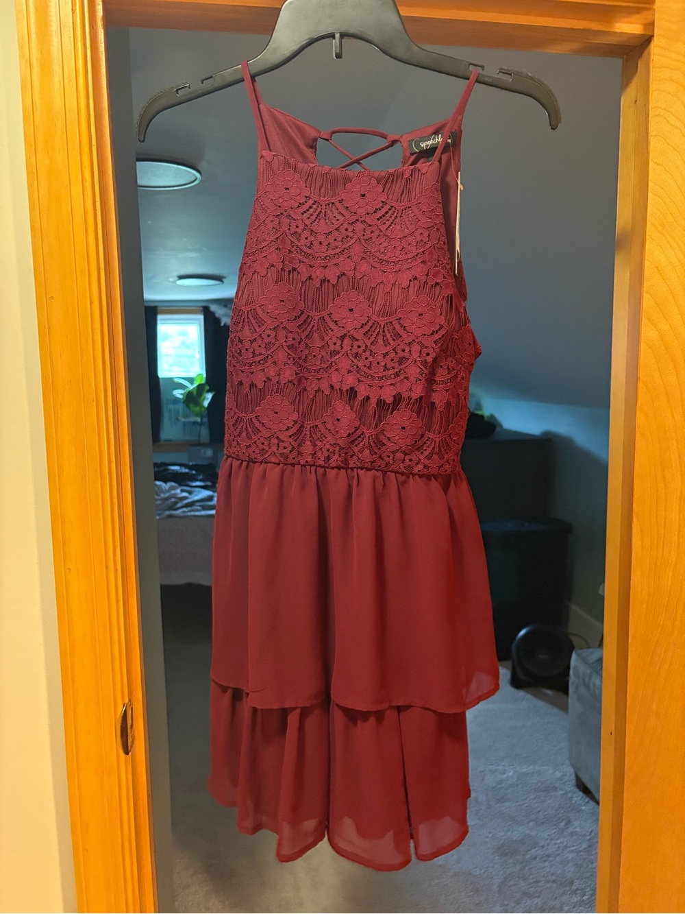 Speechless Burgundy Lace Tiered Mini Dress
